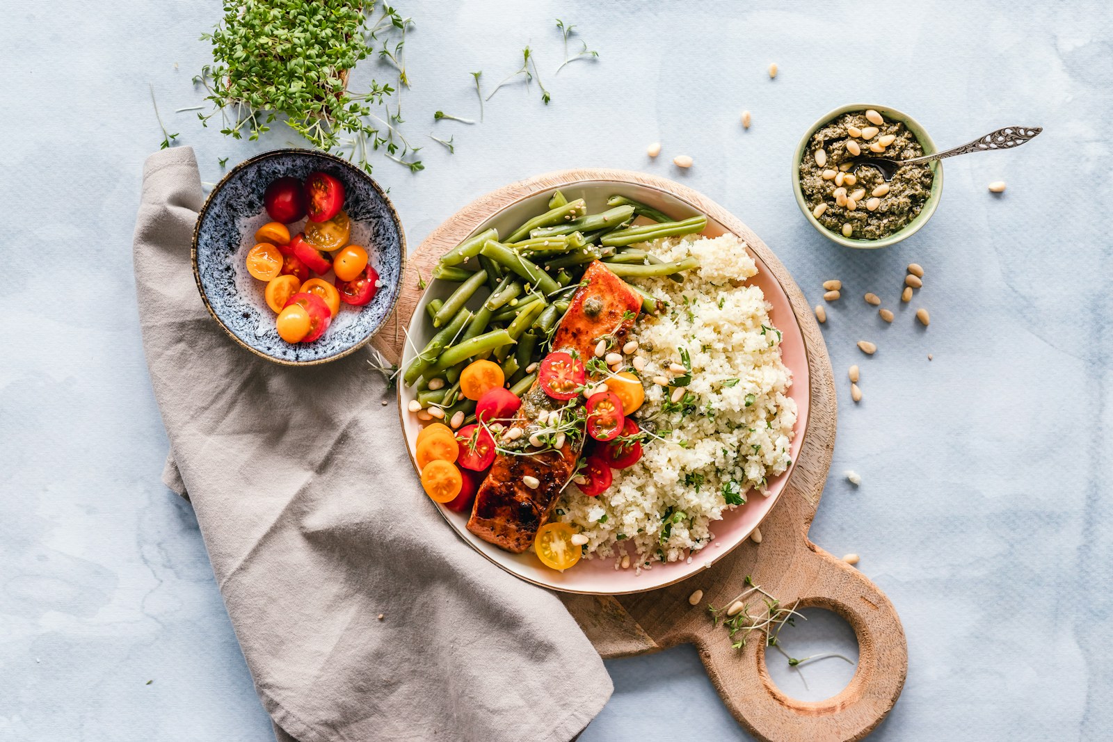 A lively meal on a bright table
